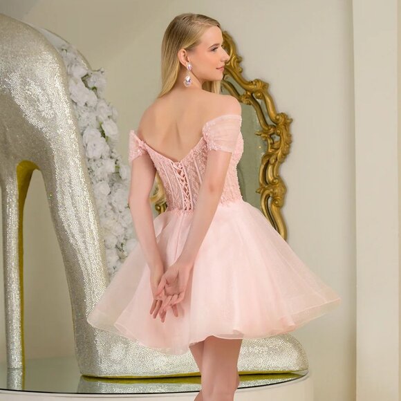 New Off Shoulder Short Fashion Forward Mesh Dress w/ Sheer Boned Bodice GS3684 - Picture 7 of 9